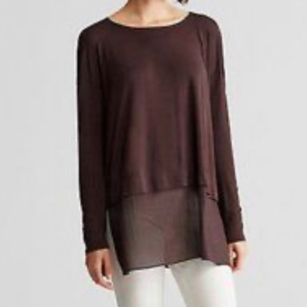 Eileen Fisher 100% Silk Bateau Neck Brown Tunic Sheer Chiffon Hem Size Medium